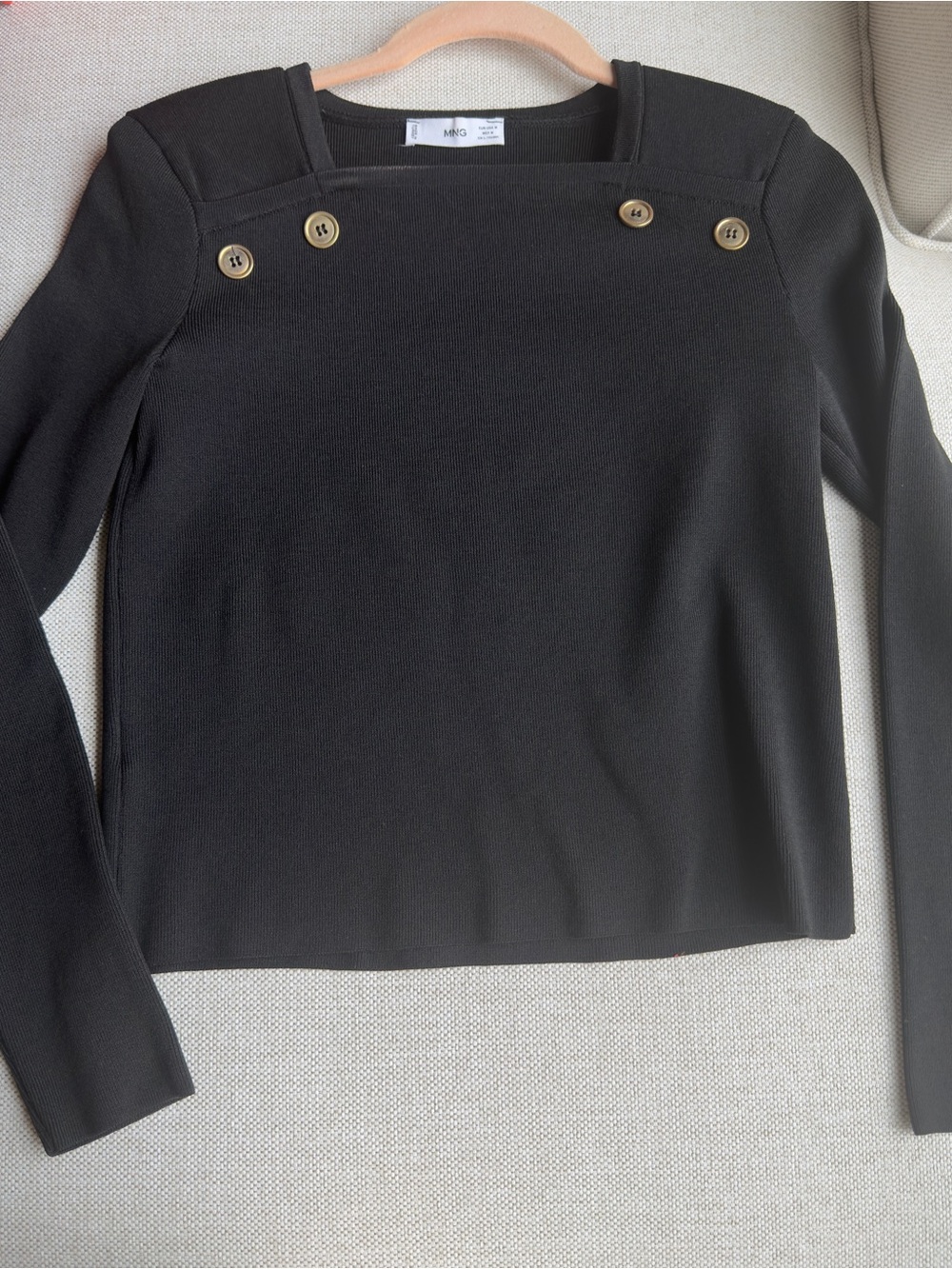Mango Black Long-Sleeve Square Neck Top with Gold Buttons